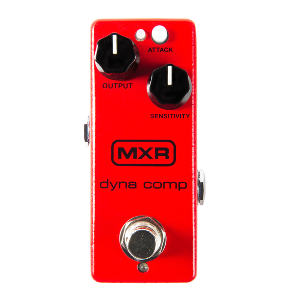 Top-down view of a red MXR Dyna Comp mini pedal with two black knobs, a white attack button, the MXR logo, an LED, and a silver footswitch.