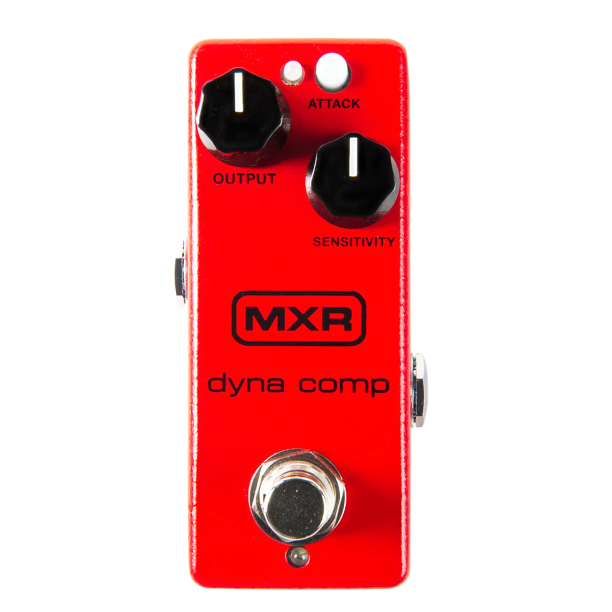 Top-down view of a red MXR Dyna Comp mini pedal with two black knobs, a white attack button, the MXR logo, an LED, and a silver footswitch.