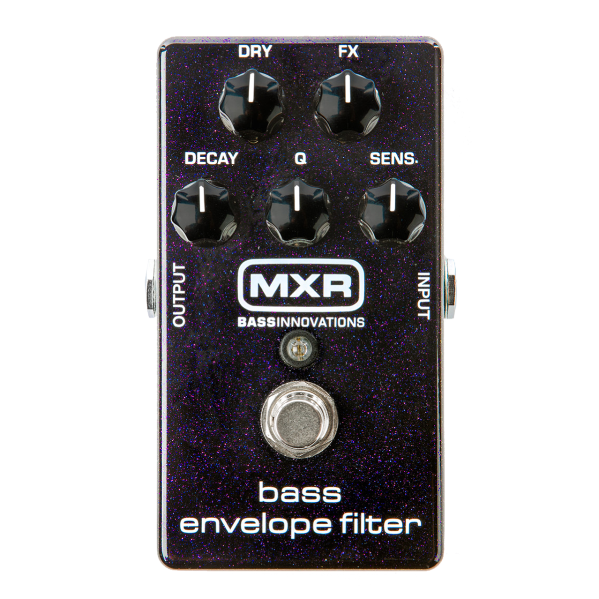 Top-down view of a purple sparkle, rectangular MXR bass pedal. It features five black knobs labeled Dry, FX, Decay, Q, and Sens, a silver footswitch, and a white "MXR BASS INNOVATIONS" logo.