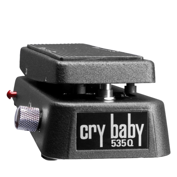 Black Dunlop Cry Baby GCB535Q Multi-Wah pedal showing a large silver rotary knob and a small red button on the left side of the metal chassis.