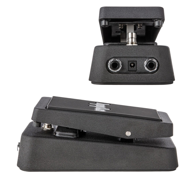 Two angles of the black Dunlop CBJ95 Cry Baby Junior Wah pedal. The top inset shows the front face with input, output, and power jacks, while the bottom shows a side profile.