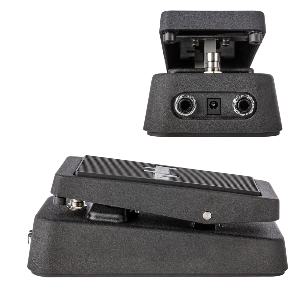 Two angles of the black Dunlop CBJ95 Cry Baby Junior Wah pedal. The top inset shows the front face with input, output, and power jacks, while the bottom shows a side profile.