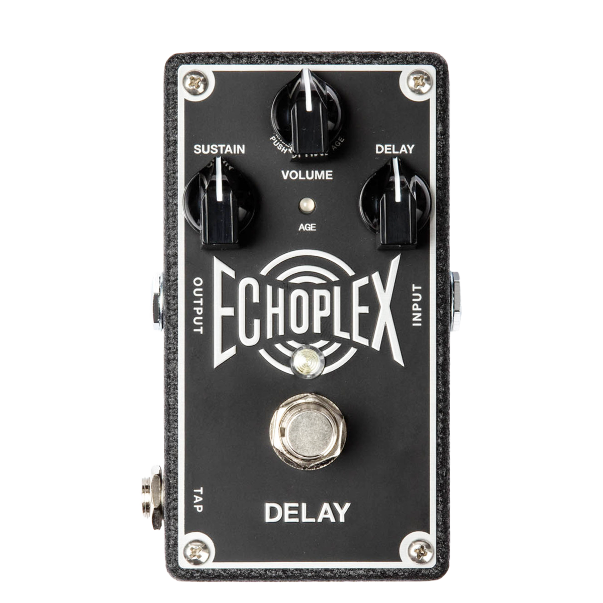 Black Jim Dunlop Echoplex EP103 Delay pedal with three primary adjustment knobs for Sustain, Volume, and Delay, plus a small push button labeled Age. A tap jack is visible on the side.
