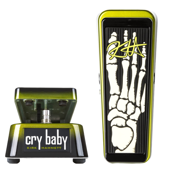 A composite image showing two angles of a green-to-black fade Dunlop wah pedal. The top view shows a treadle with a large white skeletal foot graphic and yellow "KH" initials. The front view highlights a silver footswitch and a "cry baby KIRK HAMMETT" badge.