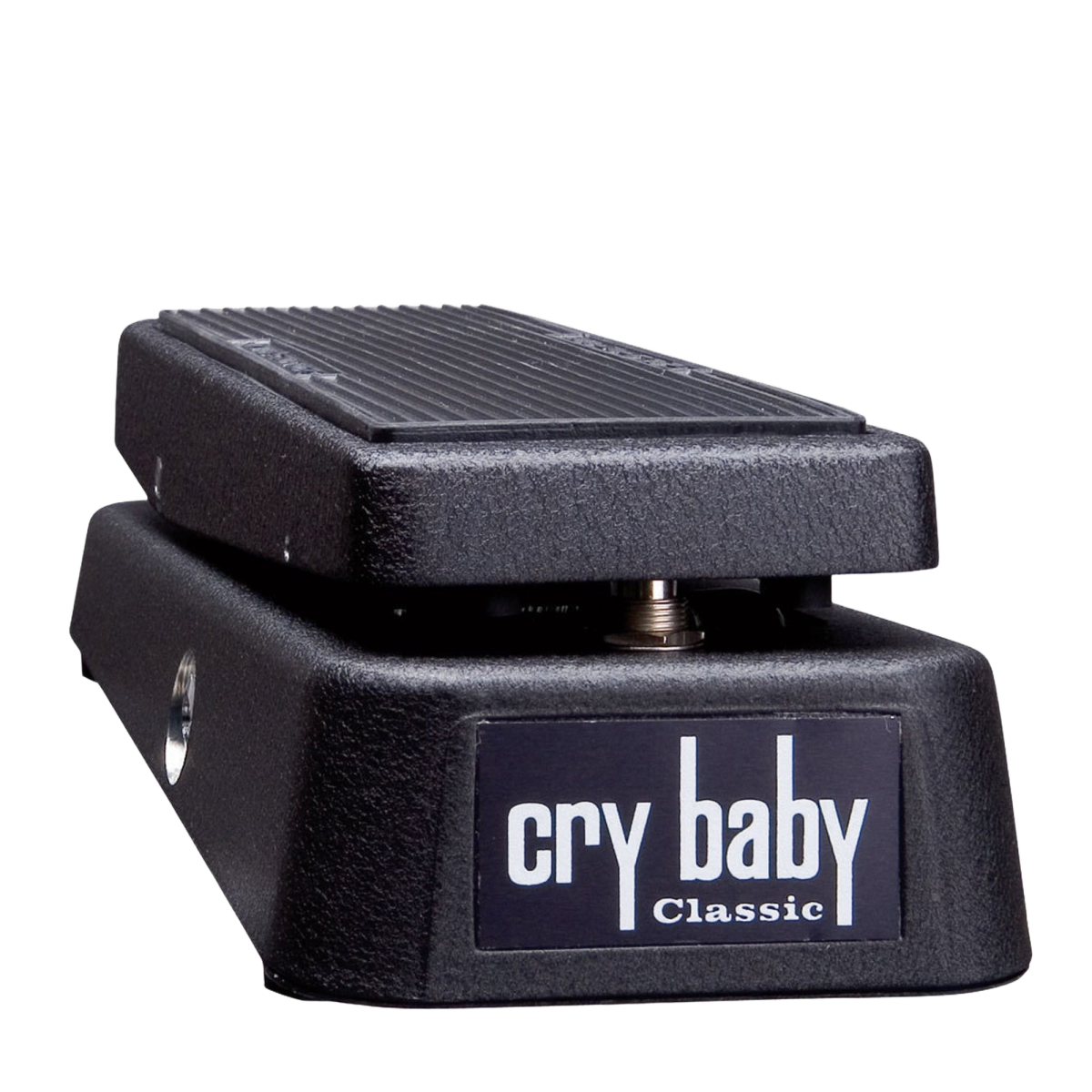 Angled side view of a black treadle-style guitar effects pedal with a textured rubber top pad and a front badge reading cry baby Classic.