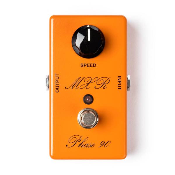 Top-down view of an orange MXR Phase 90 pedal with script lettering, a single black speed knob, a red LED indicator, and a silver footswitch.