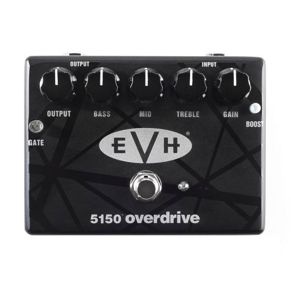 Top-down view of a black MXR EVH 5150 overdrive pedal featuring subtle black stripes, five black knobs, a gate switch, a boost switch, and a silver footswitch.