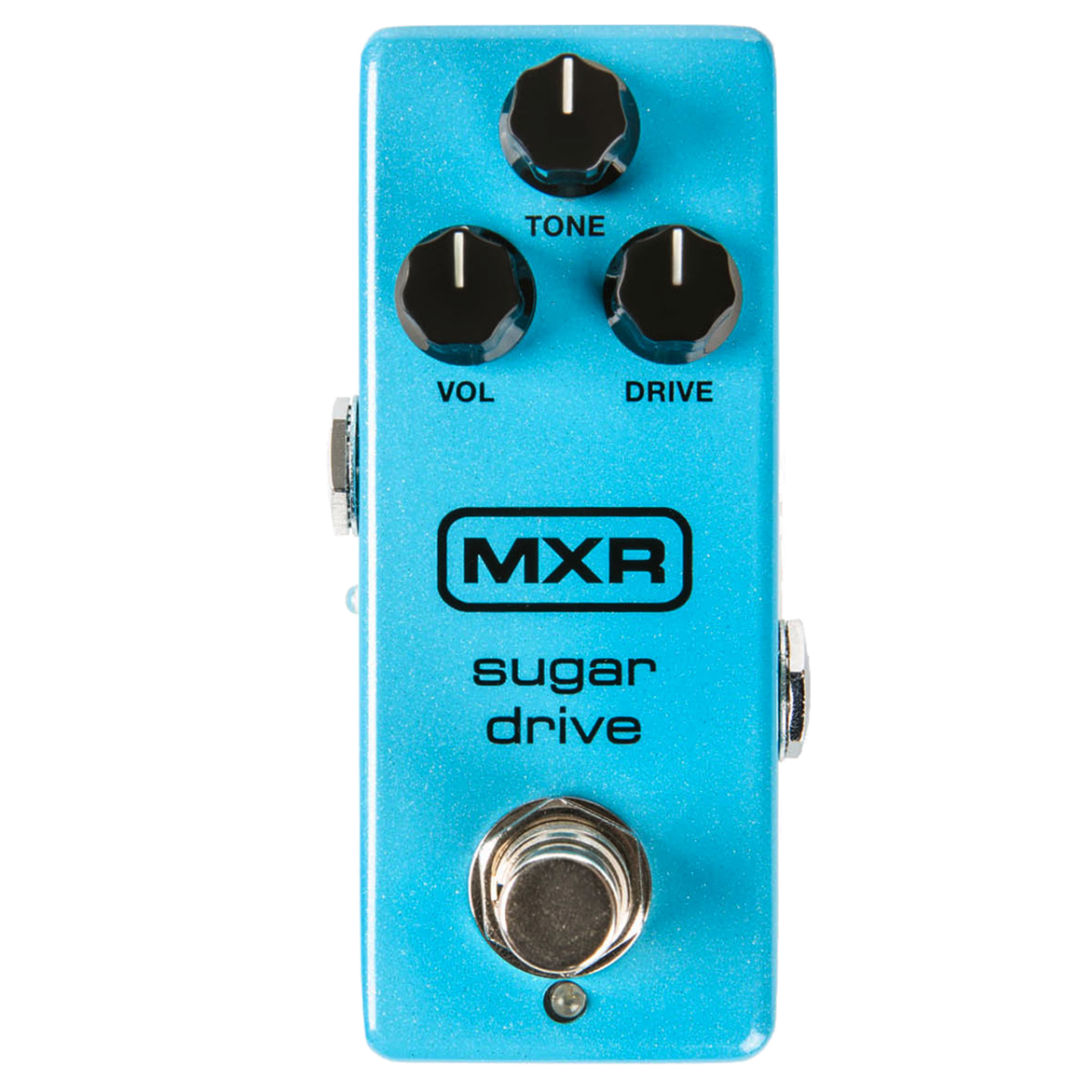 A light blue sparkle MXR Sugar Drive mini effects pedal with three black knobs labeled VOL, TONE, and DRIVE, and a silver footswitch.