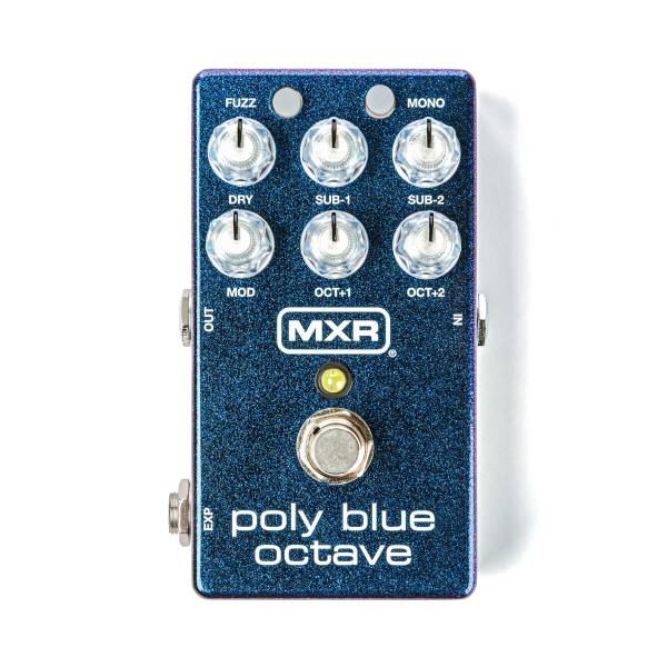 A blue sparkle MXR Poly Blue Octave pedal featuring six clear knobs for dry and octave levels, plus Fuzz and Mono switches above a silver footswitch.