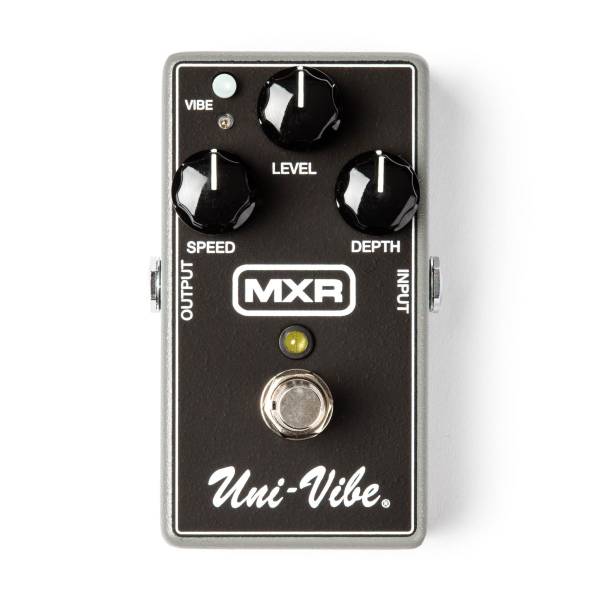 Top-down view of a dark grey MXR Uni-Vibe pedal with three black knobs for Speed, Level, and Depth, a small Vibe button, and a silver footswitch.