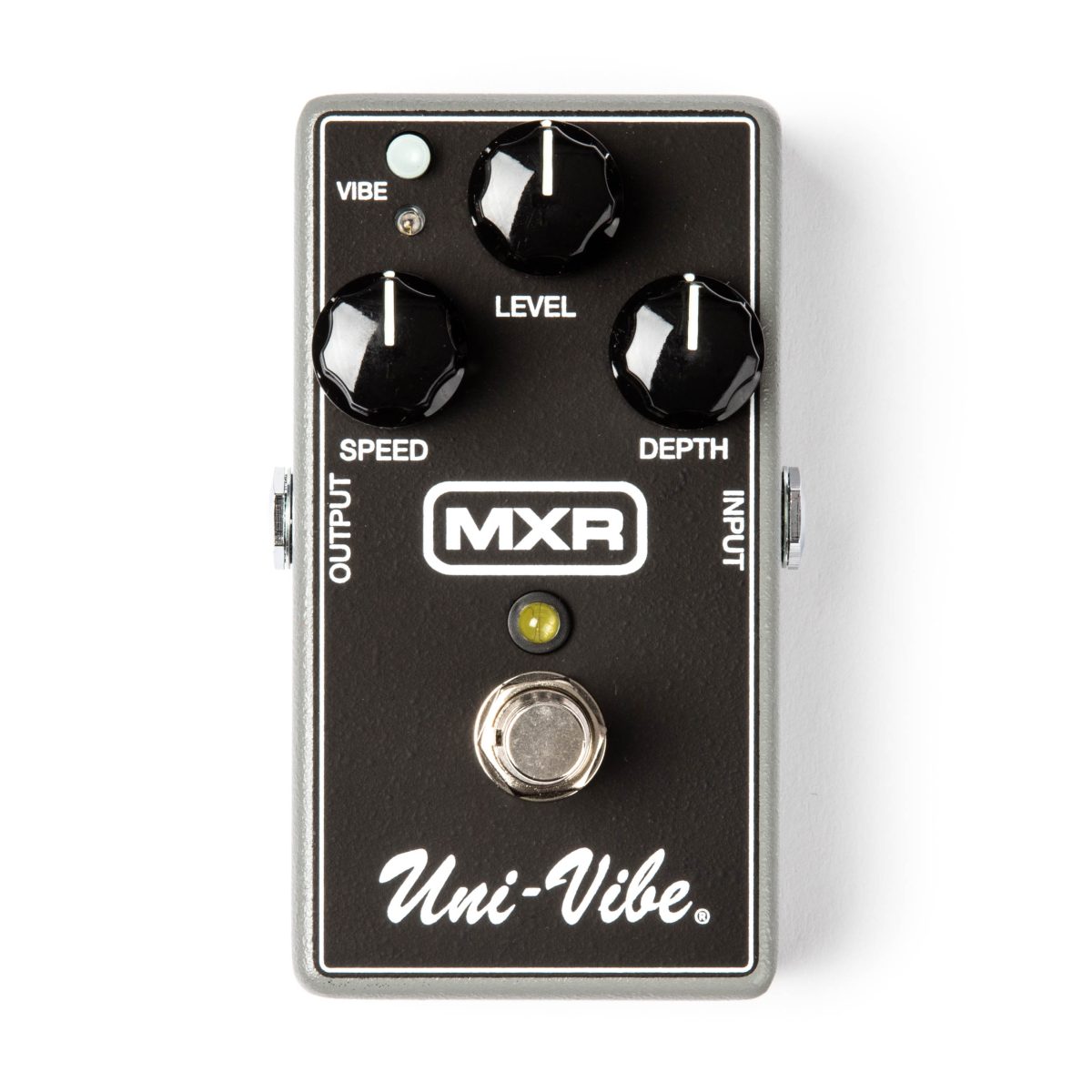 Top-down view of a dark grey MXR Uni-Vibe pedal with three black knobs for Speed, Level, and Depth, a small Vibe button, and a silver footswitch.