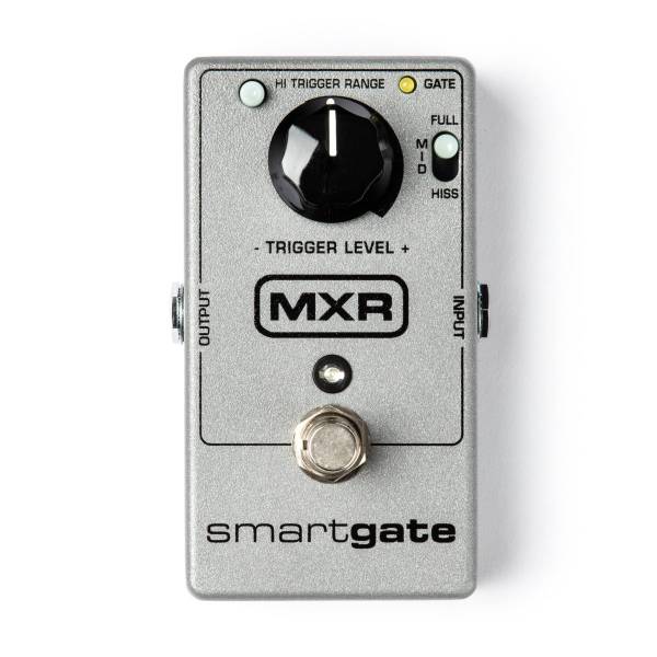 A rectangular silver guitar effects pedal featuring a central black trigger level knob, two small push switches, two LED indicators, a silver footswitch, and a black MXR logo.
