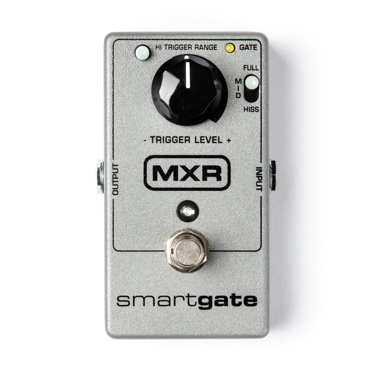 A rectangular silver guitar effects pedal featuring a central black trigger level knob, two small push switches, two LED indicators, a silver footswitch, and a black MXR logo.