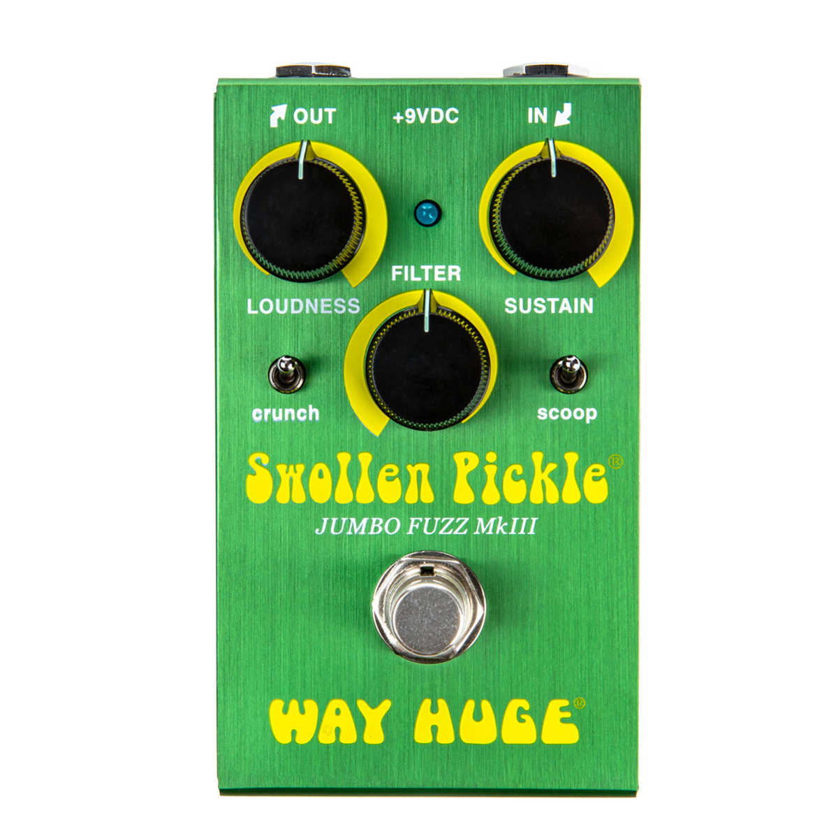 Top-down view of the green Way Huge Smalls WM41 Swollen Pickle Fuzz Effects Pedal with three black knobs on yellow backing, crunch and scoop toggle switches, and a silver footswitch.