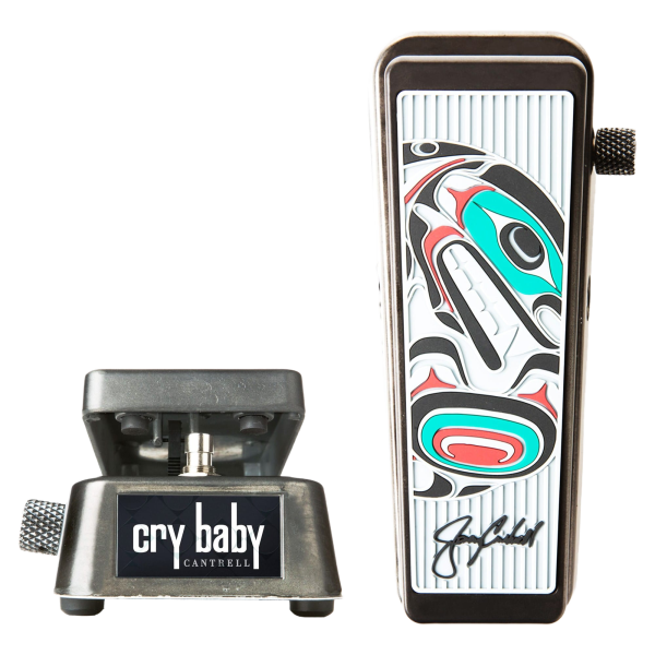Two views of a treadle-style guitar effects pedal. The main view highlights a custom top treadle pad featuring a tribal orca design in red, teal, black, and white over a ribbed silver background. The inset shows an angled side view with a front badge reading cry baby CANTRELL.