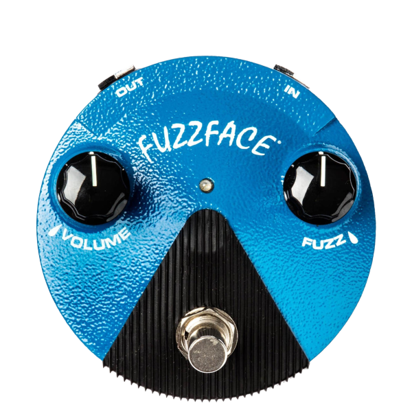 Top-down view of a bright blue, round Dunlop Fuzz Face Mini pedal with a textured finish, featuring two black knobs labeled Volume and Fuzz, and a silver footswitch.