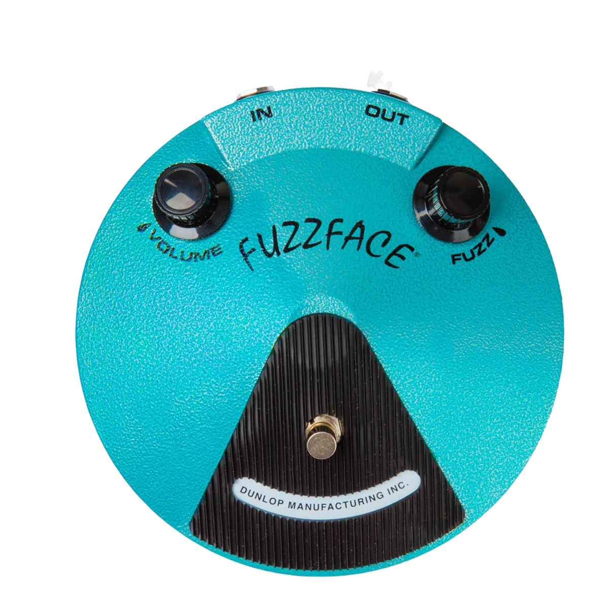 Top-down view of a large turquoise, round Dunlop Fuzz Face pedal with a hammered finish. It features two black knobs for Volume and Fuzz, a silver footswitch, and "DUNLOP MANUFACTURING INC." text on the bottom curve.