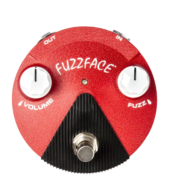Top-down view of a circular red guitar effects pedal featuring two white knobs labeled VOLUME and FUZZ, a silver footswitch, a status LED, and the words FUZZ FACE printed across the top.