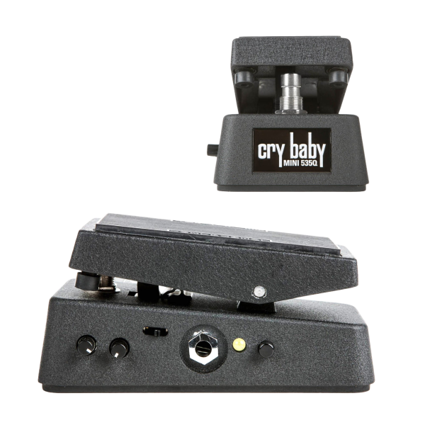 Two views of the black Jim Dunlop CBM535Q Cry Baby Mini 535Q Wah pedal. The upper inset displays the front plate, while the lower side view details two small adjustment knobs, a switch, output jack, LED indicator, and boost button.
