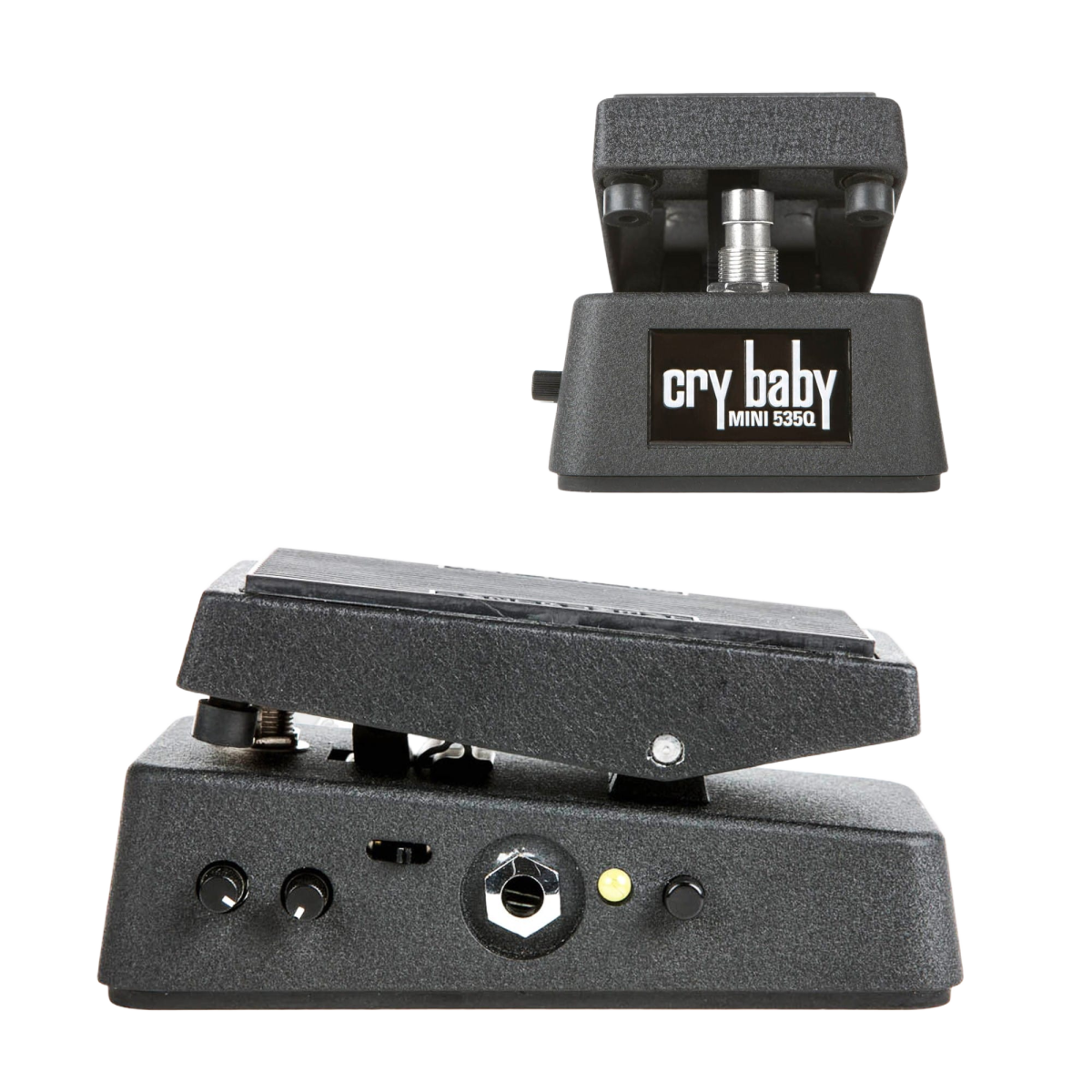 Two views of the black Jim Dunlop CBM535Q Cry Baby Mini 535Q Wah pedal. The upper inset displays the front plate, while the lower side view details two small adjustment knobs, a switch, output jack, LED indicator, and boost button.