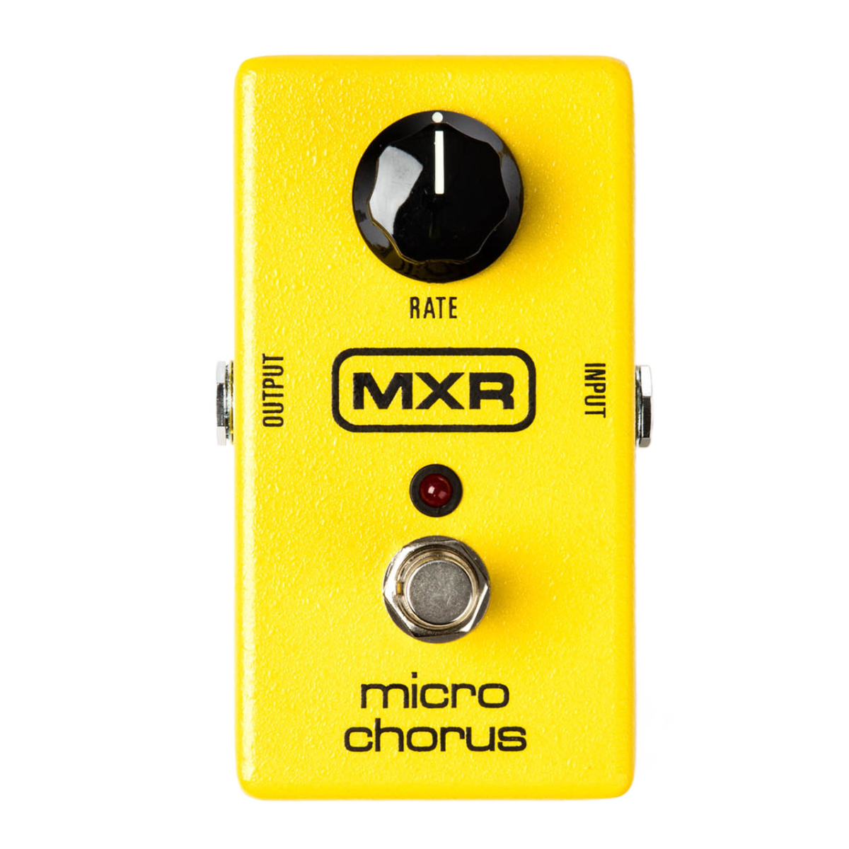 Top-down view of a yellow MXR Micro Chorus pedal with a single black rate knob, the MXR logo, a red LED indicator, and a silver footswitch.