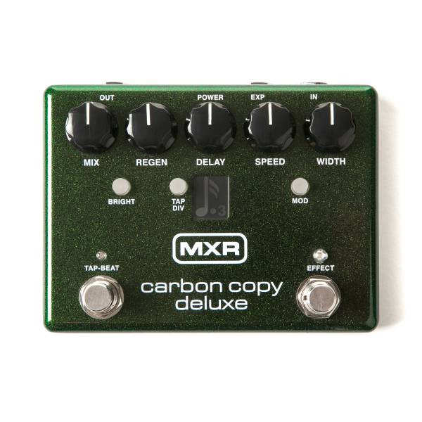 A dark green sparkle MXR Carbon Copy Deluxe pedal featuring five control knobs with a Tap Div display and a music note icon, and dual footswitches for Tap-Beat and Effect.