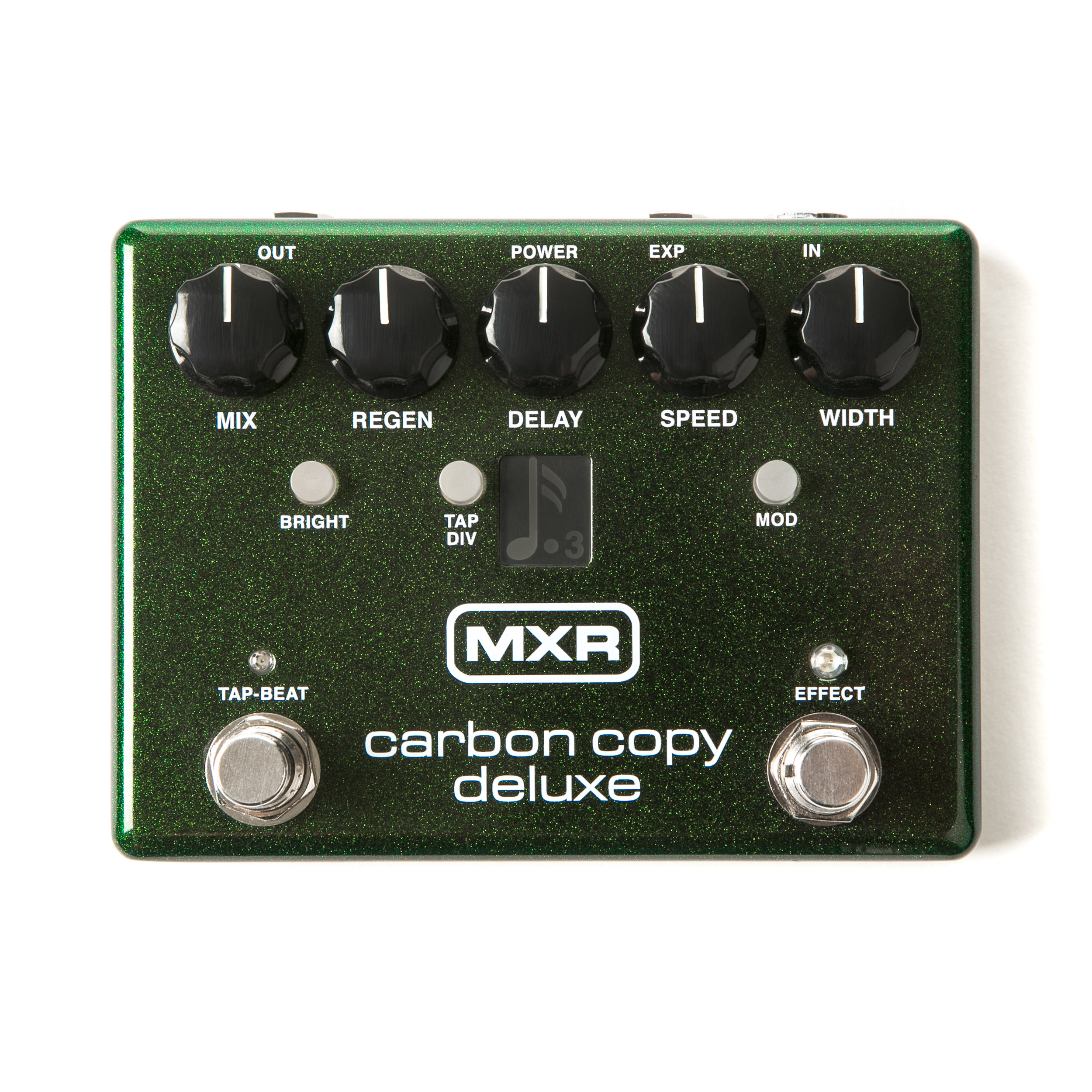 A dark green sparkle MXR Carbon Copy Deluxe pedal featuring five control knobs with a Tap Div display and a music note icon, and dual footswitches for Tap-Beat and Effect.