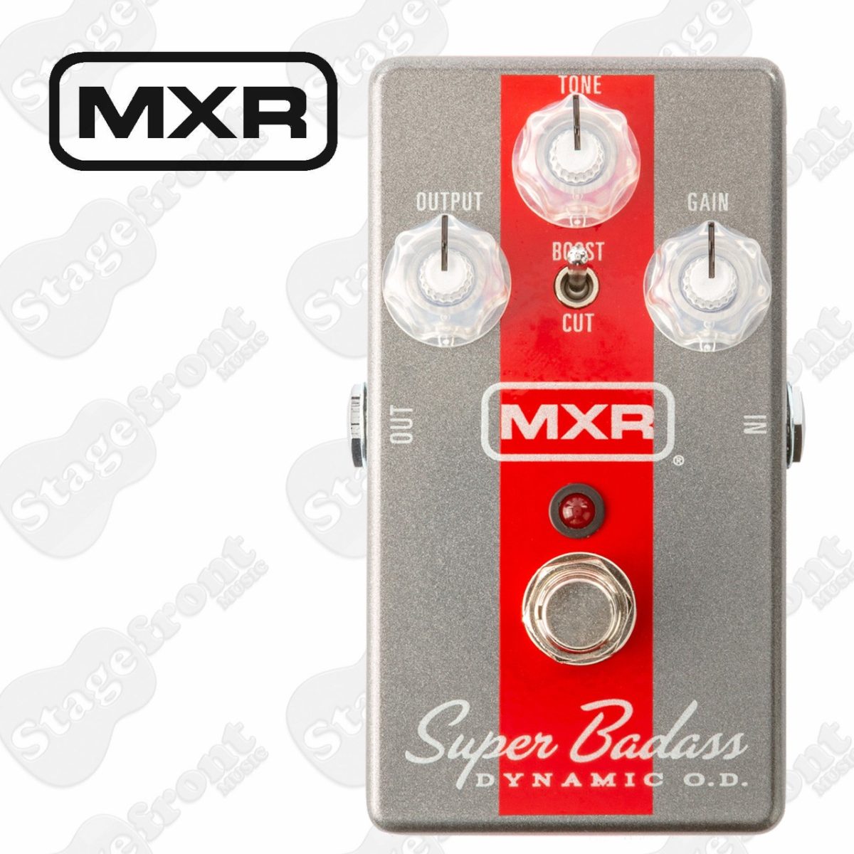 Grey MXR Super Badass Dynamic O.D. guitar pedal with a red vertical stripe, featuring Output, Tone, and Gain knobs alongside a Boost/Cut toggle switch.