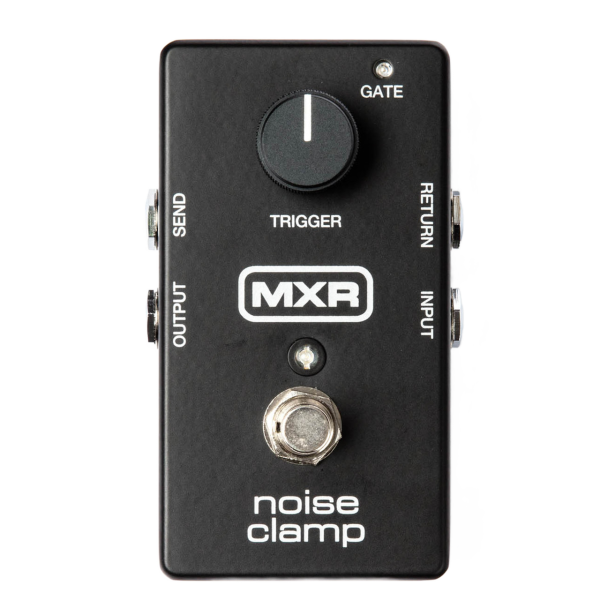 Top-down view of a black MXR Noise Clamp pedal featuring a single trigger knob, a white MXR logo, an LED, a silver footswitch, and four side jacks.