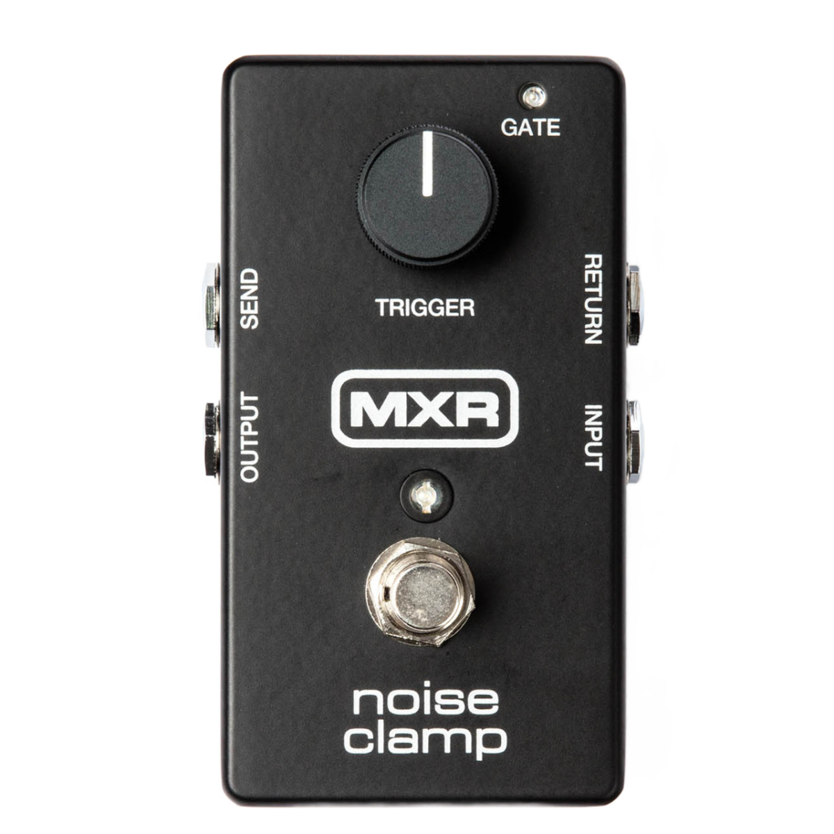 Top-down view of a black MXR Noise Clamp pedal featuring a single trigger knob, a white MXR logo, an LED, a silver footswitch, and four side jacks.