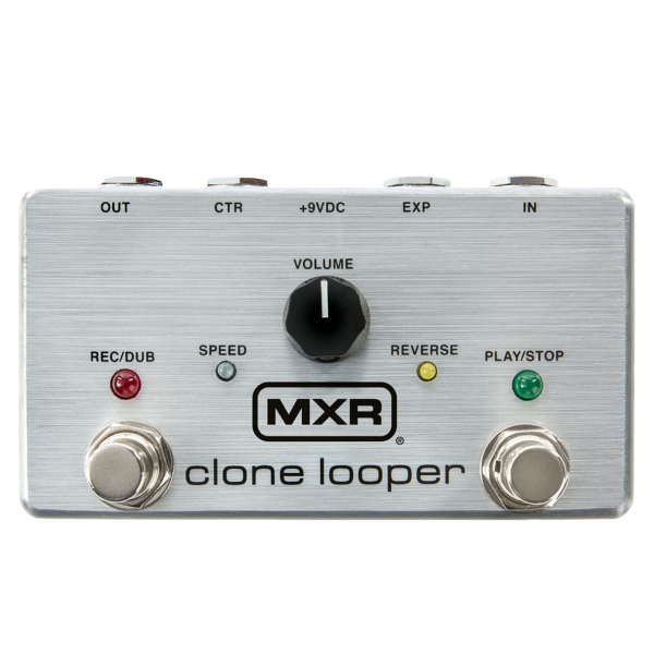Close-up, cropped view of the top half of a silver MXR Clone Looper pedal showing a central volume knob, Rec/Dub and Play/Stop footswitches, and smaller control buttons.