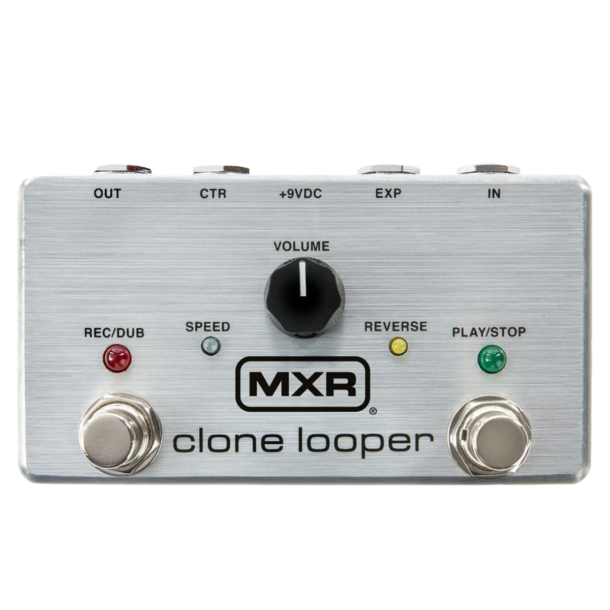 Close-up, cropped view of the top half of a silver MXR Clone Looper pedal showing a central volume knob, Rec/Dub and Play/Stop footswitches, and smaller control buttons.