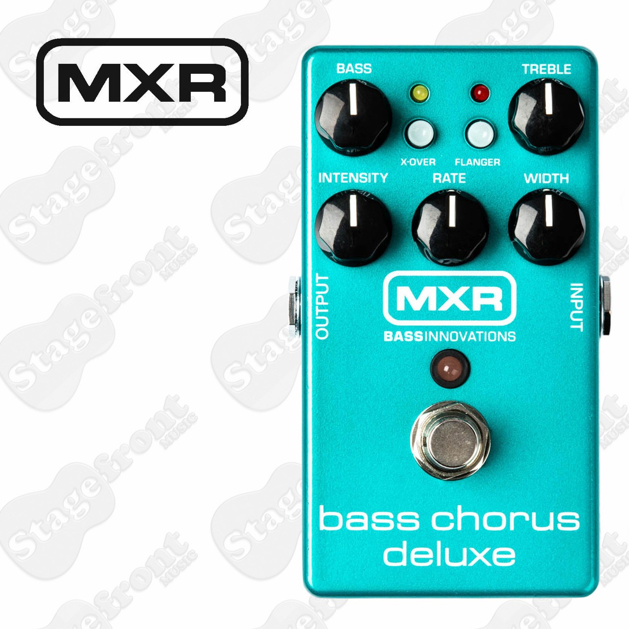 Top-down view of a metallic teal MXR Bass Chorus Deluxe pedal with five black knobs labeled Bass, Treble, Intensity, Rate, Width, and two small push buttons labeled X-Over and Flanger.
