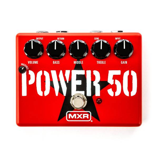 A rectangular red guitar effects pedal featuring a large black star graphic, white POWER 50 text, five large black knobs, one small black presence knob, a silver footswitch, and a red LED.