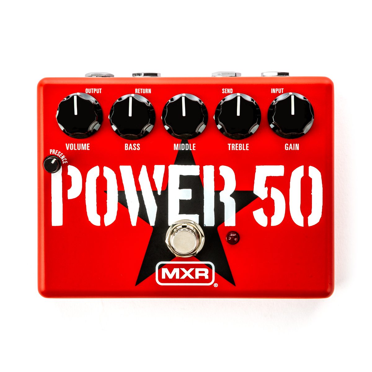 A rectangular red guitar effects pedal featuring a large black star graphic, white POWER 50 text, five large black knobs, one small black presence knob, a silver footswitch, and a red LED.