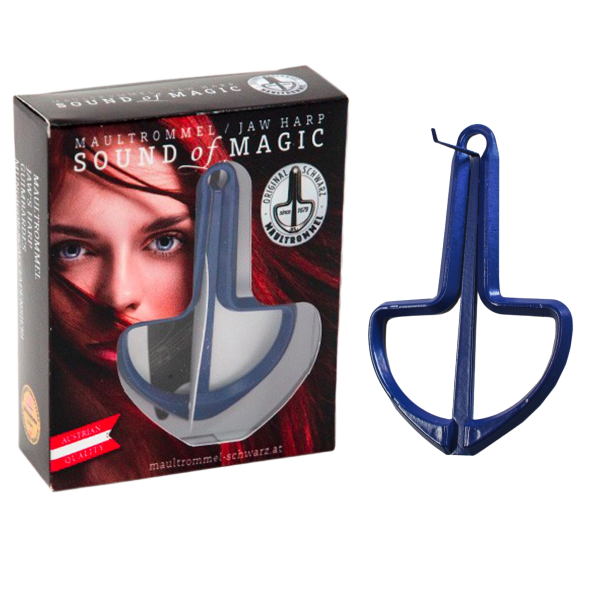 A blue metal jaw harp standing upright next to a black rectangular retail display box featuring printed graphics of a woman's face and text.