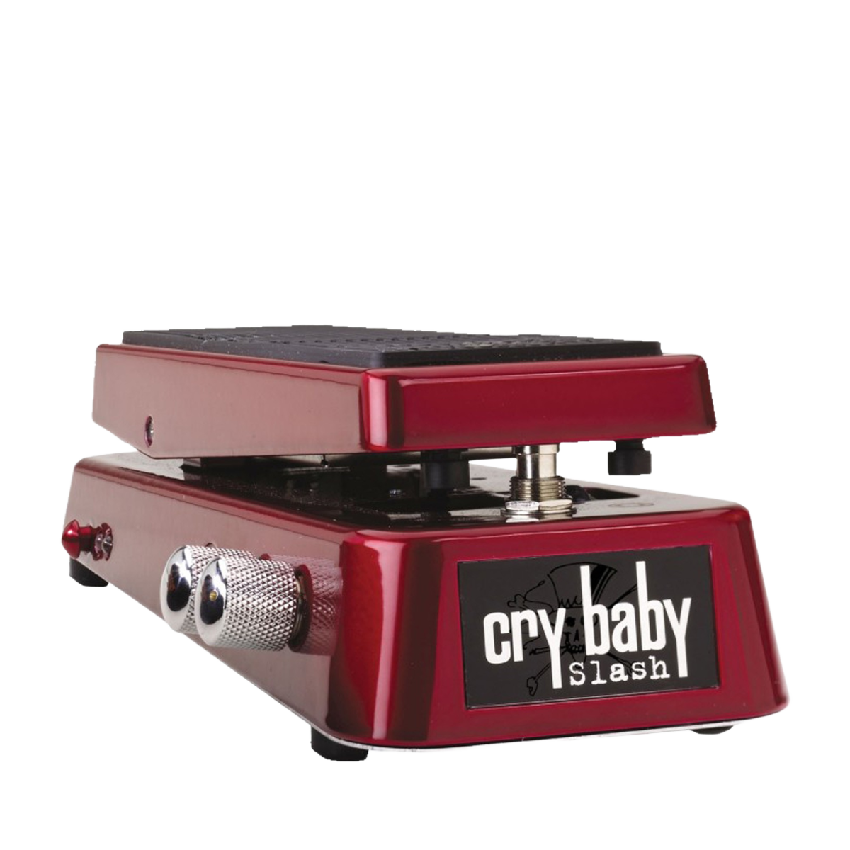 Angled side view of a metallic red treadle-style guitar effects pedal with dual control knobs on the side and a front badge reading cry baby SLASH.