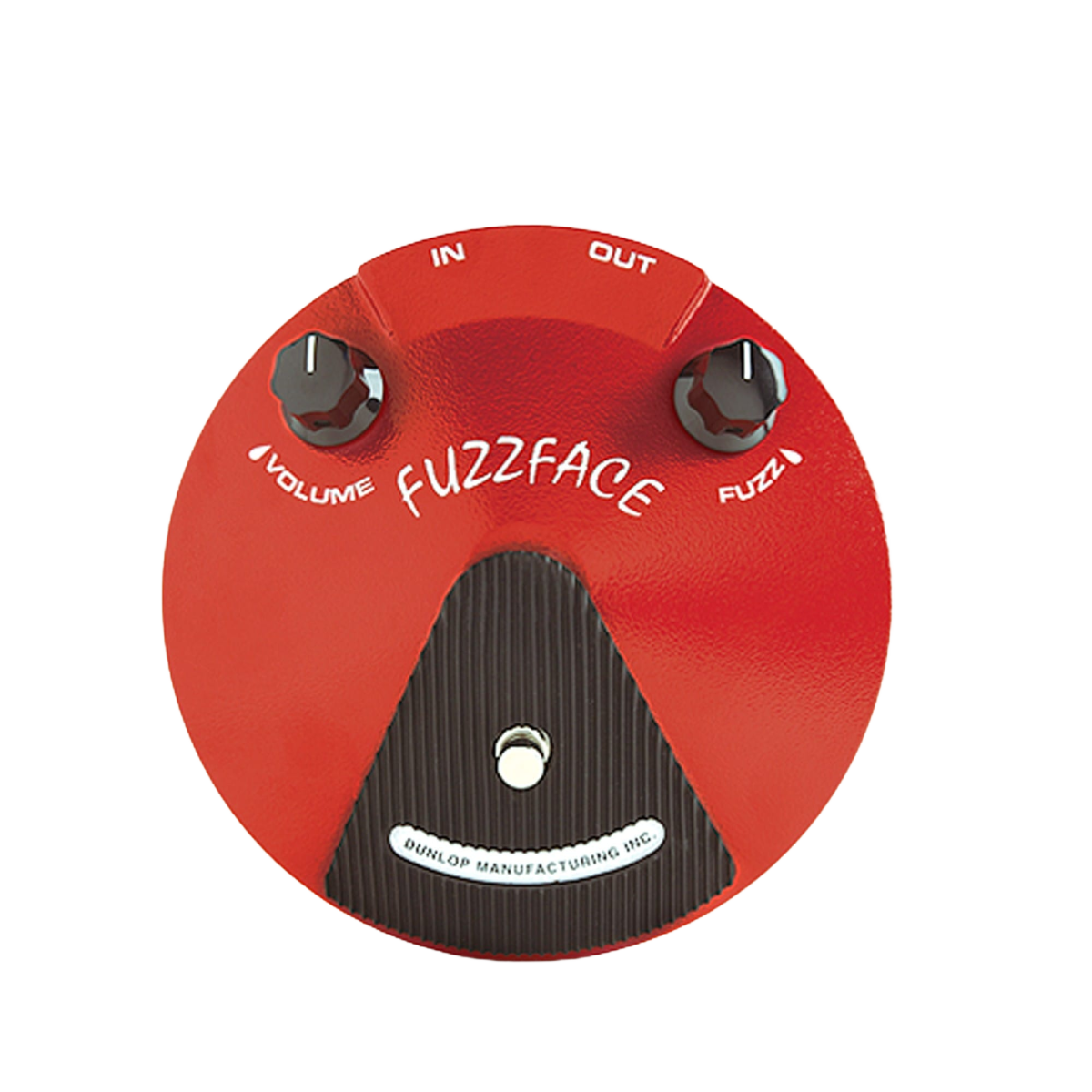Top-down view of a large red, round Dunlop Fuzz Face pedal. It features two black knobs for Volume and Fuzz, a silver footswitch, and "DUNLOP MANUFACTURING INC." text printed on the bottom curve.