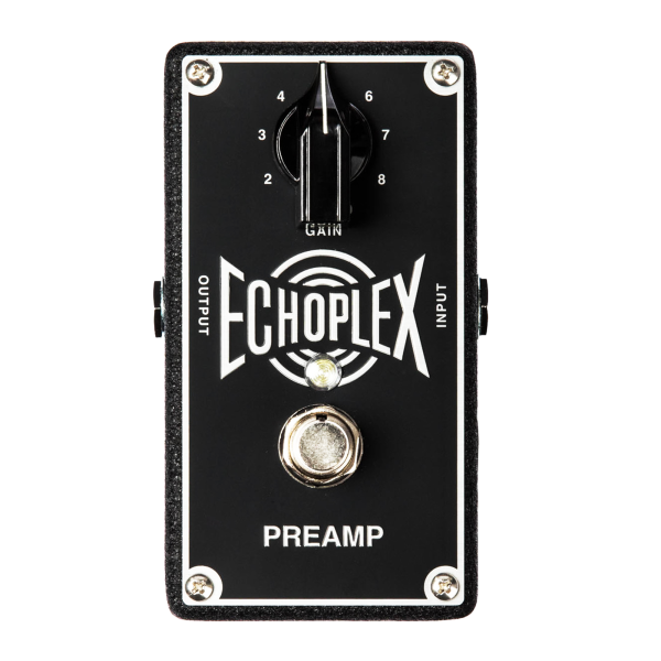Black Dunlop EP101 Echoplex Preamp pedal featuring white retro typography, a single large central gain knob with numbering from 0 to 10, and a metallic footswitch.