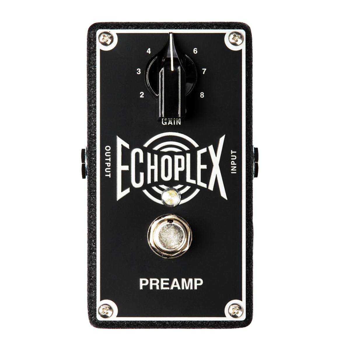 Black Dunlop EP101 Echoplex Preamp pedal featuring white retro typography, a single large central gain knob with numbering from 0 to 10, and a metallic footswitch.
