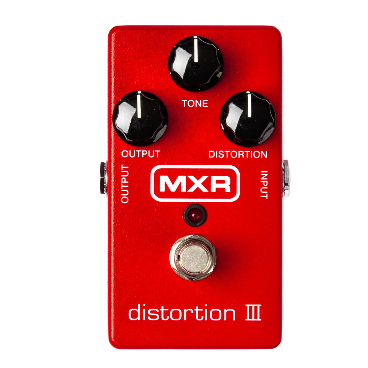Close-up, cropped view of a red MXR Distortion pedal showing two black knobs labeled Tone and Distortion, the white MXR logo, a red LED, and a silver footswitch.