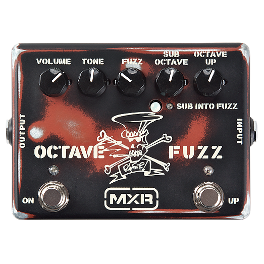 Close-up of the MXR SF01 Slash Octave Fuzz Effects Pedal showing a distressed black and red enclosure, Slash skull and top hat logo, five black control knobs, and two silver footswitches.