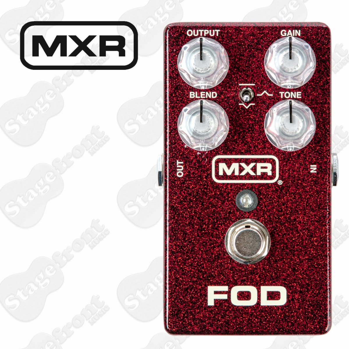 Sparkly red MXR FOD Drive guitar pedal featuring Output, Gain, Blend, and Tone knobs, along with a three-position EQ scoop toggle switch in the center.