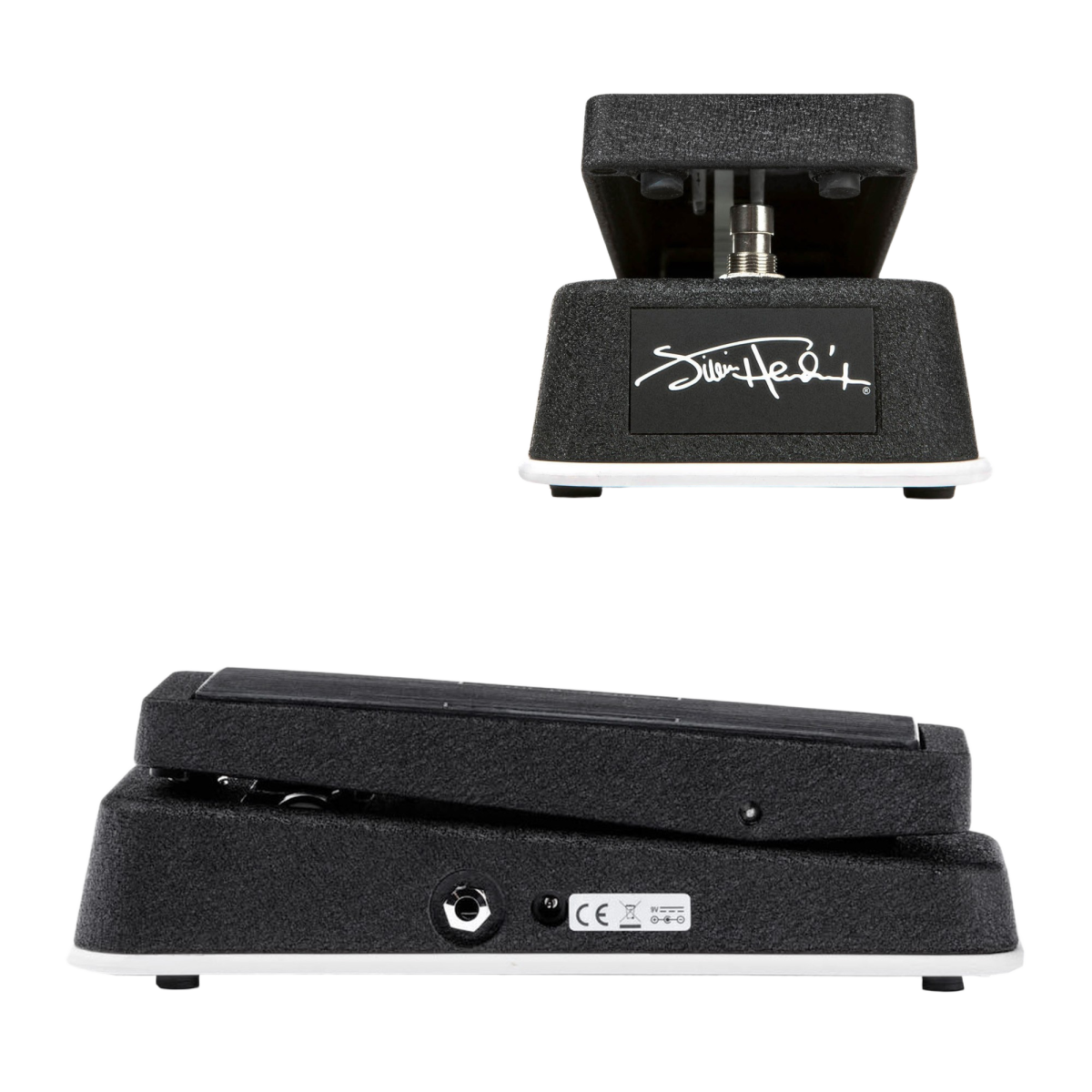 A composite image showing two angles of a black crinkle-finish Dunlop wah pedal. The front view displays a silver footswitch and a badge with Jimi Hendrix's signature. The side view shows the angled treadle and input/output jacks.