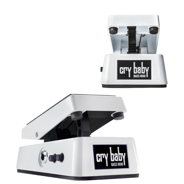 Two views of the white Dunlop Cry Baby CBM105Q Mini Bass Wah pedal. The top inset focuses on the heel hinge, and the bottom view displays the side with two small adjustment knobs and an output jack.