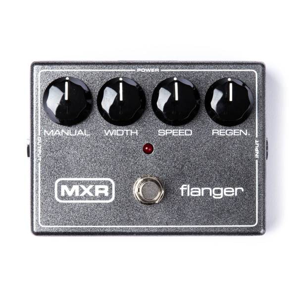 Top-down view of a dark grey metallic MXR Flanger pedal featuring four large black knobs labeled Manual, Width, Speed, and Regen, with a red LED light and a silver footswitch.