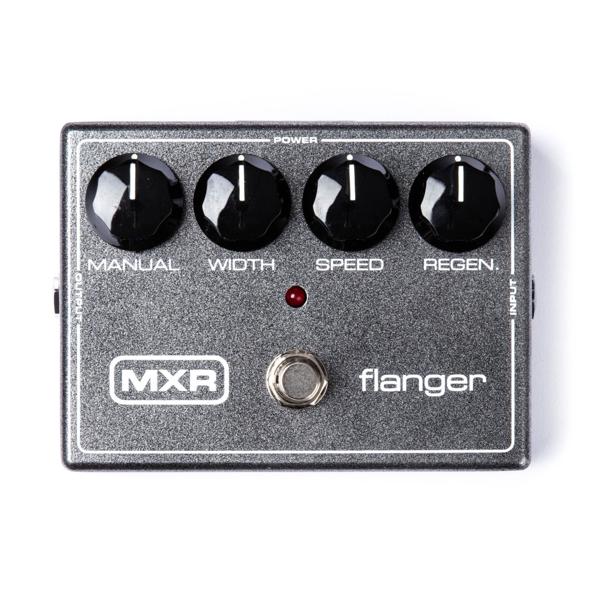 Top-down view of a dark grey metallic MXR Flanger pedal featuring four large black knobs labeled Manual, Width, Speed, and Regen, with a red LED light and a silver footswitch.