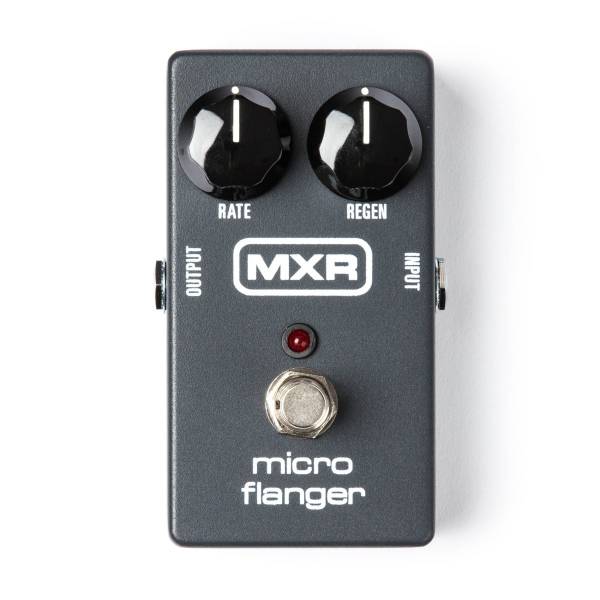 Top-down view of a dark grey MXR Micro Flanger pedal featuring two black knobs labeled Rate and Regen, a red LED light, and a silver footswitch.