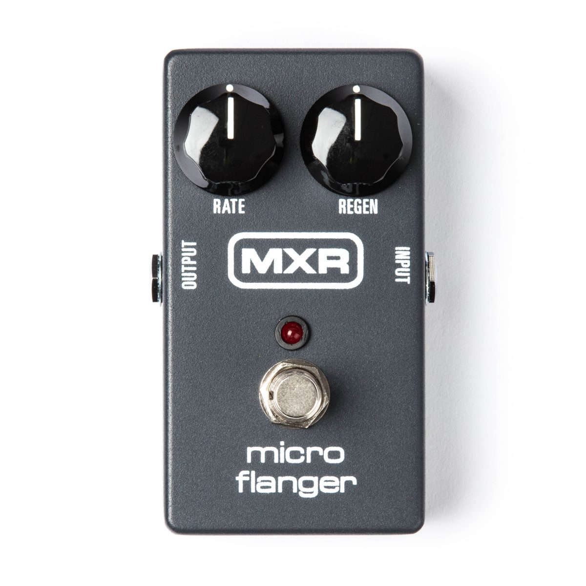 Top-down view of a dark grey MXR Micro Flanger pedal featuring two black knobs labeled Rate and Regen, a red LED light, and a silver footswitch.