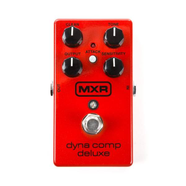 Red MXR Dyna Comp Deluxe pedal with four black knobs, a white attack button, and a footswitch.